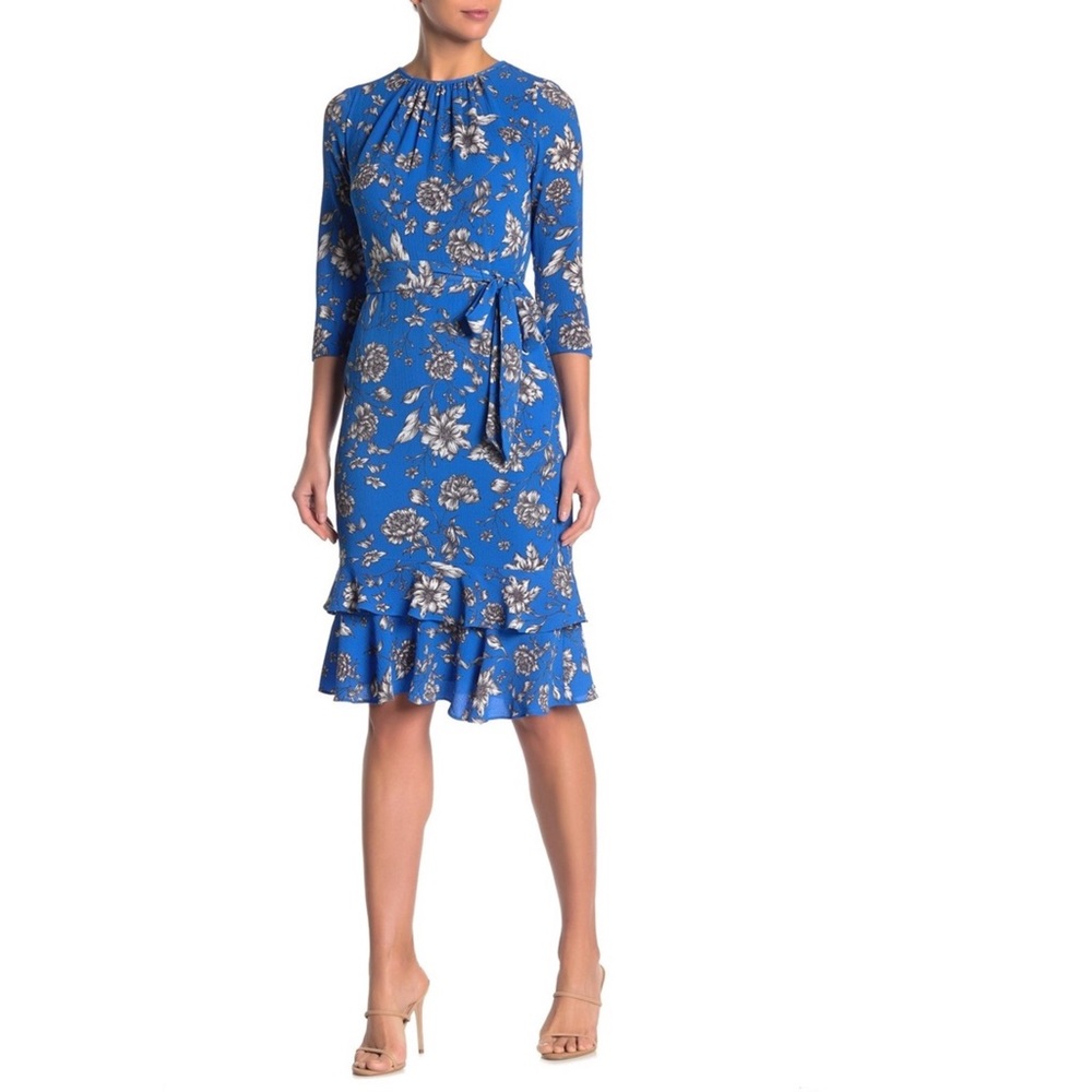 Maggy London Floral 3/4 Sleeve Ruffled Sheath